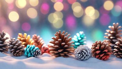 The primary subject of the image is a group of five pine cones, each with a different color, sitting on a white surface. The setting is a snowy environment, with the pine cones placed on a snow-covered ground. The visual style of the image is a digital art, as it appears to be a computer-generated or digitally manipulated scene. The colors and mood of the image are predominantly white and cold, with the pine cones adding a touch of warmth and natural beauty to